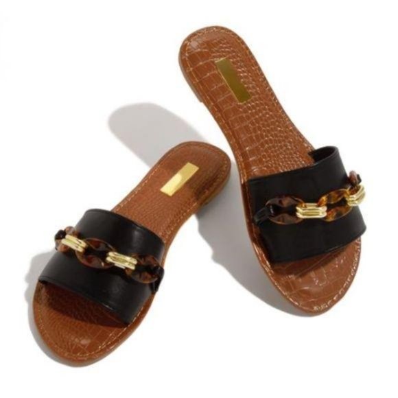 Single Strap Slides in Black/Tortoise - Picture 2 of 5